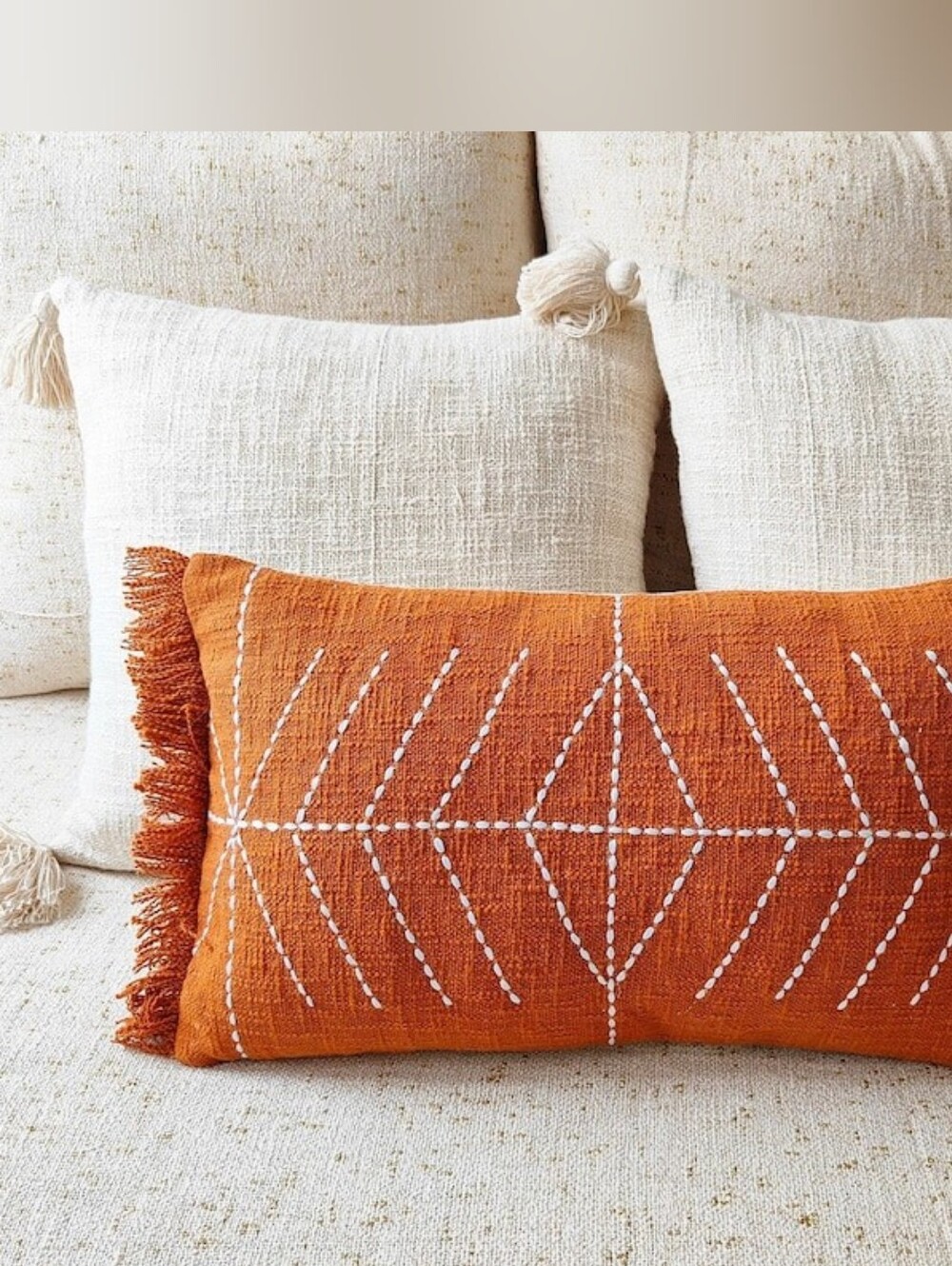 Orange Embroidered Fringe Lumbar Pillow
